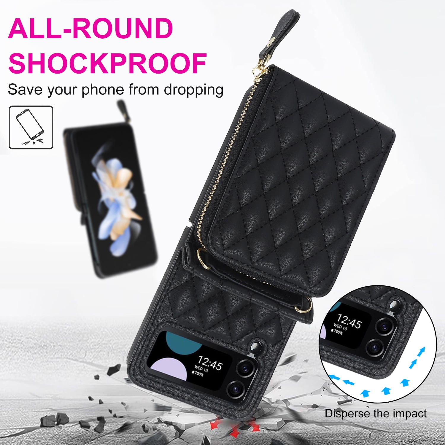 for Samsung Galaxy Z Flip 3 Crossbody Wallet Case with Card Holder 8-Card Slots Wallet Case with Adjustable Strap Soft PU Leather Protective Zipper Phone Case for Women Girls,Black