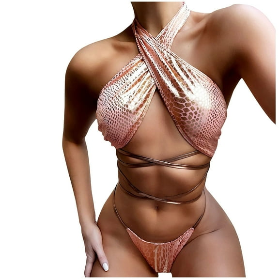 Elainilye Fashion Women Bathing Suits Sexy Bikini Sexy Patent Leather Swimsuit Bikini,Pink