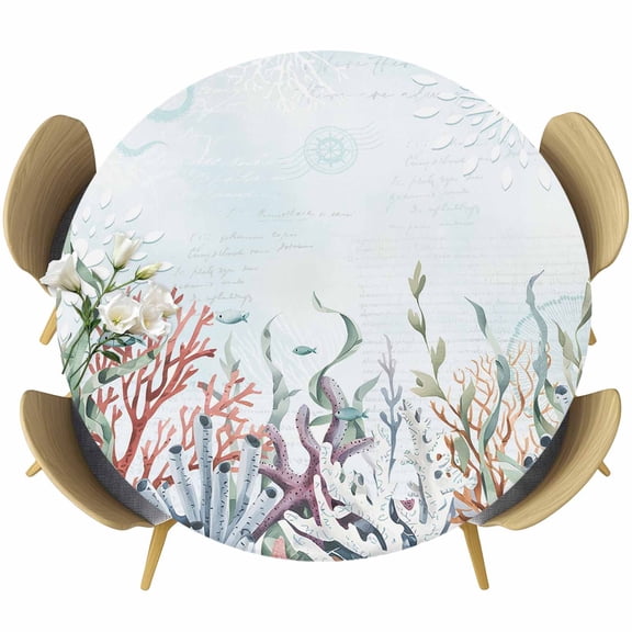 Blue Coral Coastal Round Tablecloth 36-44 Inch Round Fitted Table Cloth with Elastic Edge, Ocean Starfish Nautical Botanical Waterproof Table Cover Protector for Outdoor Picnic Party Dining
