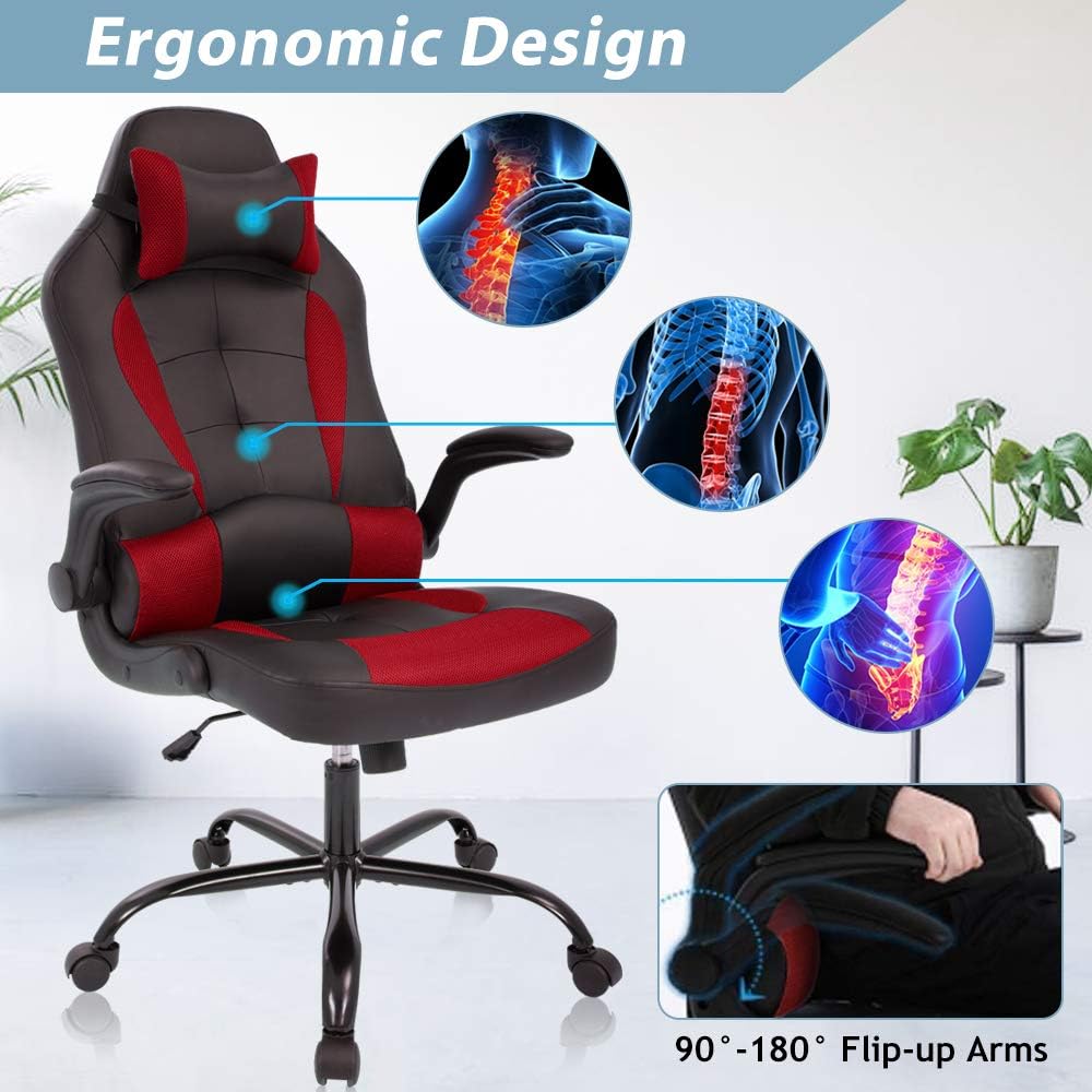 Dkelincs PC Gaming Chair Ergonomic Office Chair with Lumbar Support Flip Up Arms Headrest Adjustable Computer Desk Chair for Adults, Red
