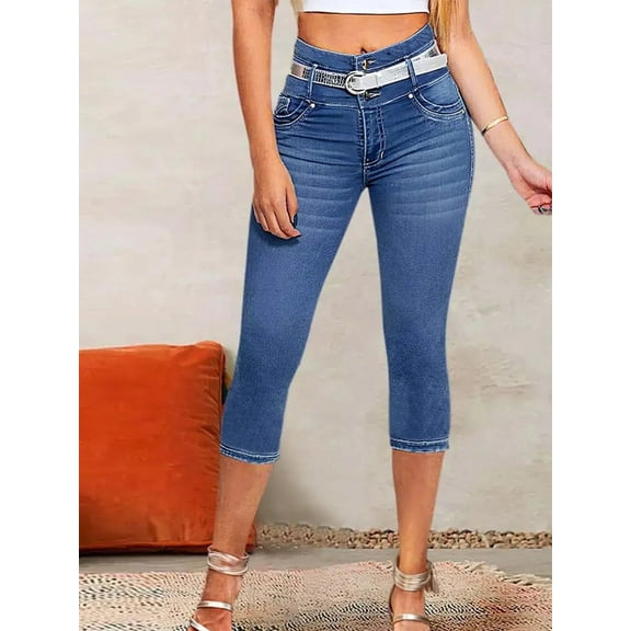 ROAD MARKINGS High Waist Capri Jeans, Stretch Denim, Belted Mid-Length Pants with Back Pockets, Blue (US, Alpha, Small, Regular, Regular, Blue)