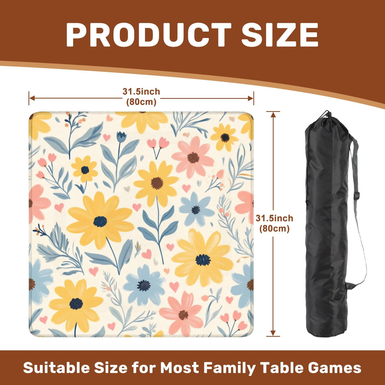 Mahjong Mat 31.5" x 31.5" Floral Seamless Yellow Blue Daisies Pink Flowers Leaves Hearts Soft Non-Slip Noise Reduction American Mahjong Tiles Table Cover for Dominoes Poker Card Board Games Gift