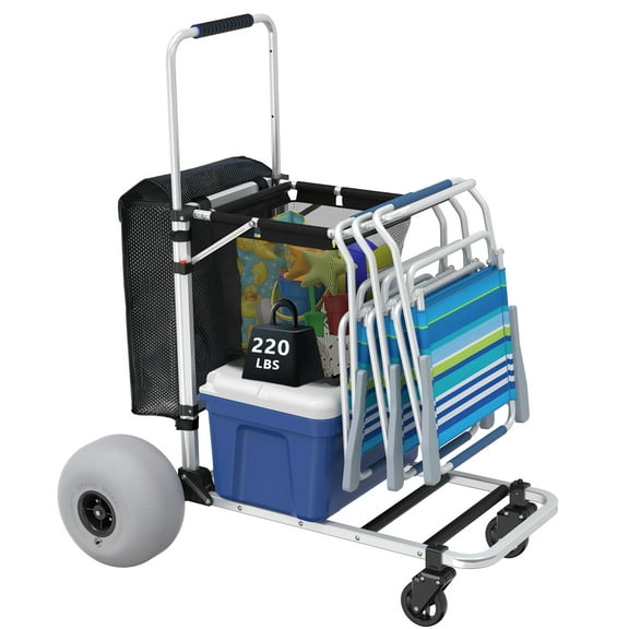 GDLF Foldable Beach Cart with Adjustable Handle and 12" Balloon Wheels, Heavy Duty Aluminum  220LBS Capacity