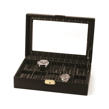 Black Leather Ten Watch Case W/Glass Top & Locking Clasp Designer Jewelry by Sweet
