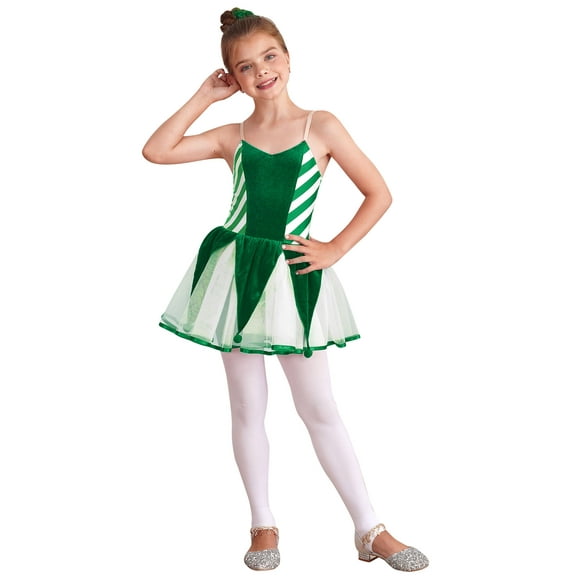 YIZYIF Kids Girls Christmas Mesh Ballet Tutu Dress Candy Cane Costume Spaghetti Straps Stripes Print Figure Skating Dress Green 4