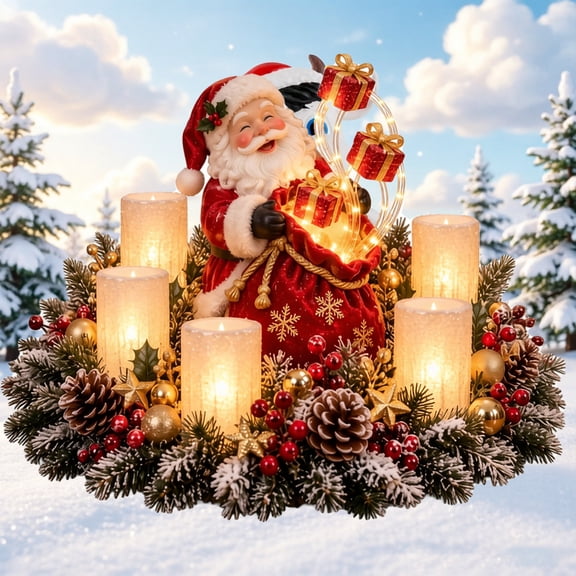 Christmas Lighted Centerpiece with Flameless Candle Glow, Santa Claus Resin Table Centerpiece, Frosted Greenery Red Berries Pinecones Holiday Decor for Home Tabletop & Fireplace Mantel, 11.8" x 8.3"