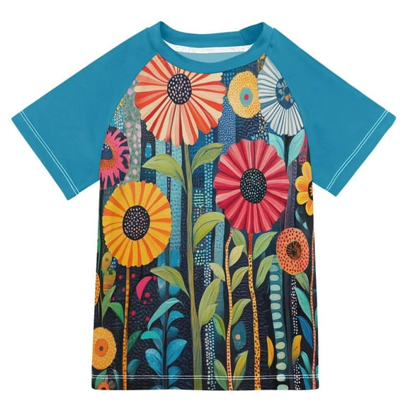 FORMRS Boys Rash Guard with Short Sleeves UPF 50 Swim Shirts Sizes 3-12T, Orange Colorful Flowers