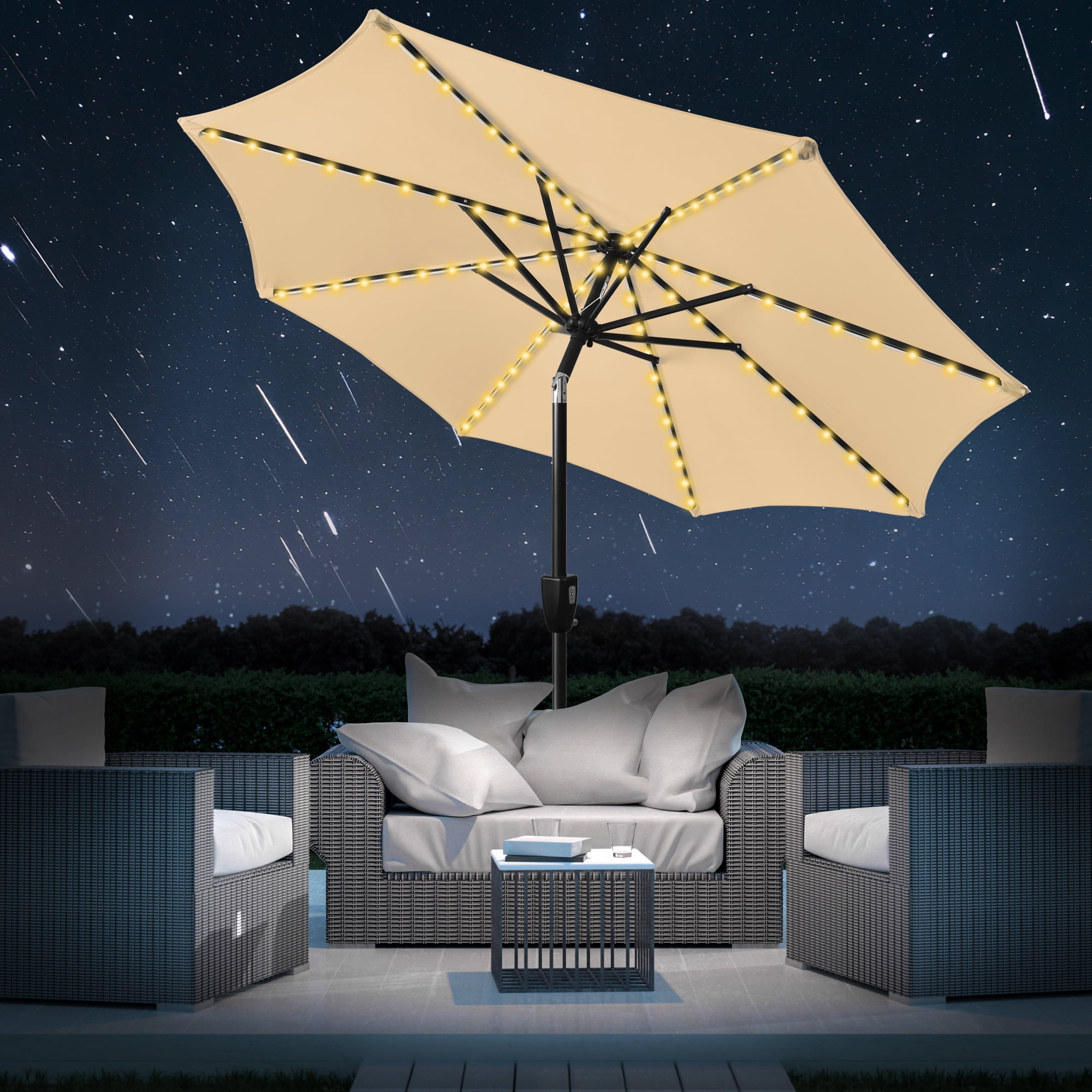 Scafild | 7.5ft Outdoor Patio Umbrella with Solar Lights, Outdoor Market Umbrella with Colorful LED Lights and Tilt and Crank - Beige