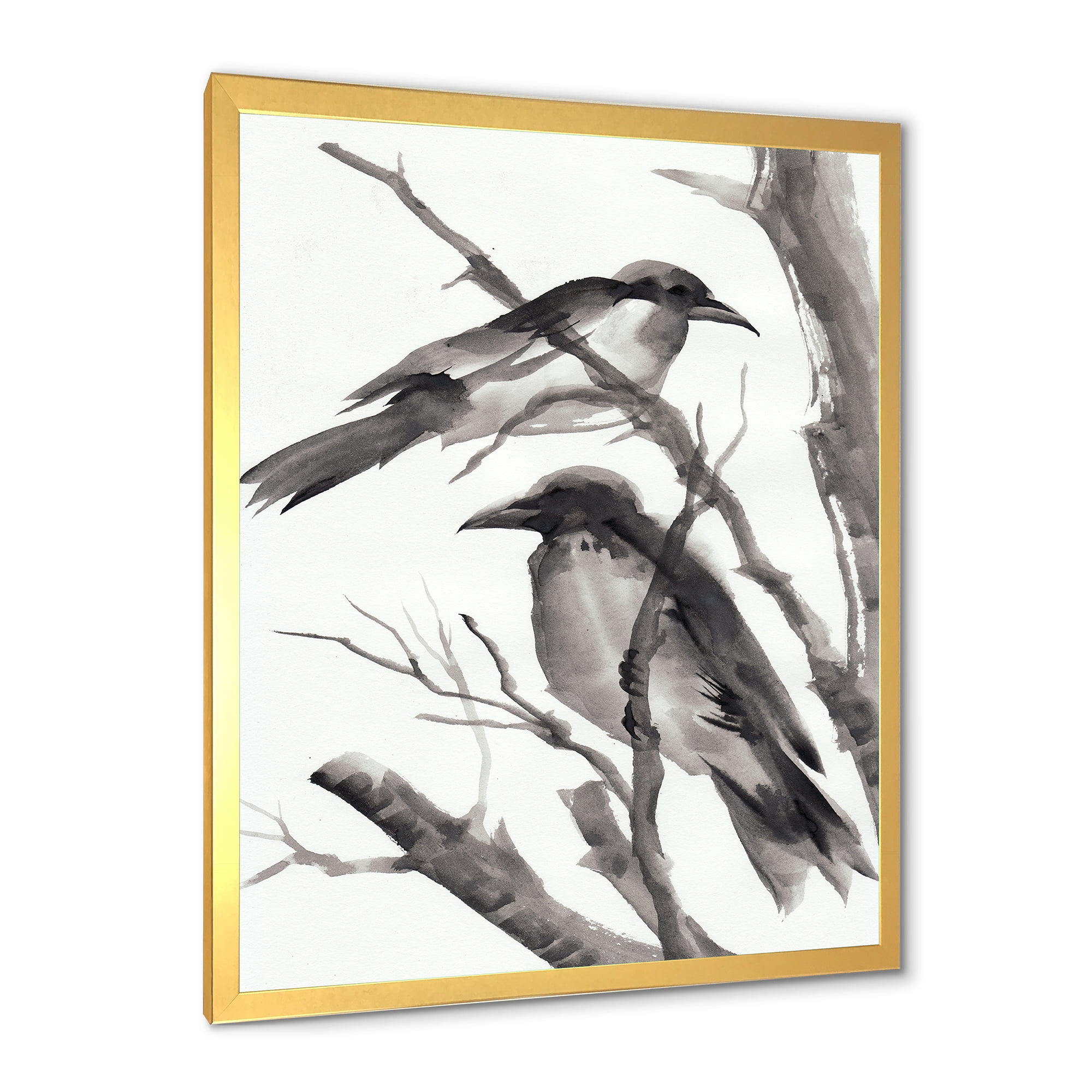 Designart 'Vintage Black and White Sleeping Crows' Traditional Framed Art Print