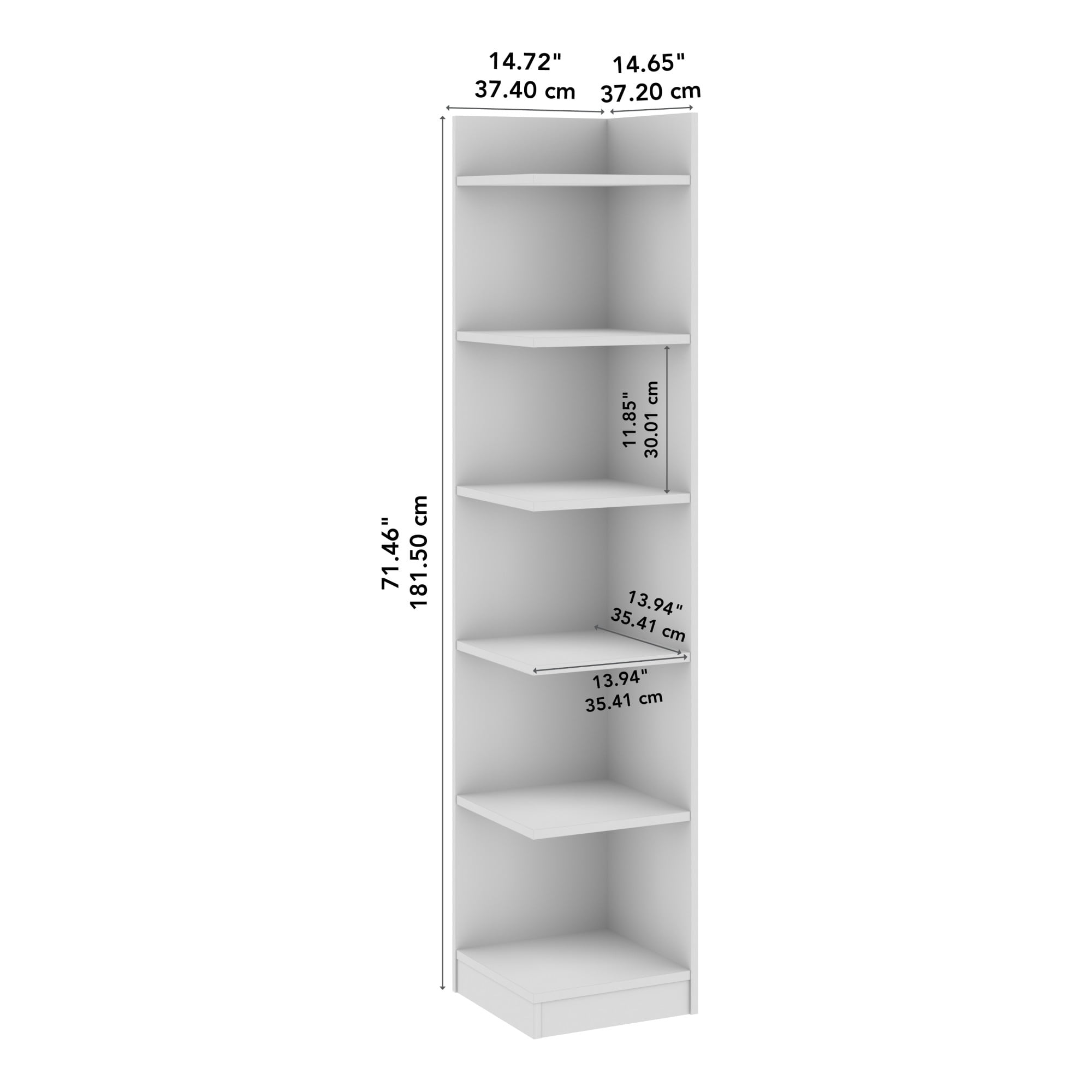 Universal 15W Tall Corner Bookshelf in White - Engineered Wood