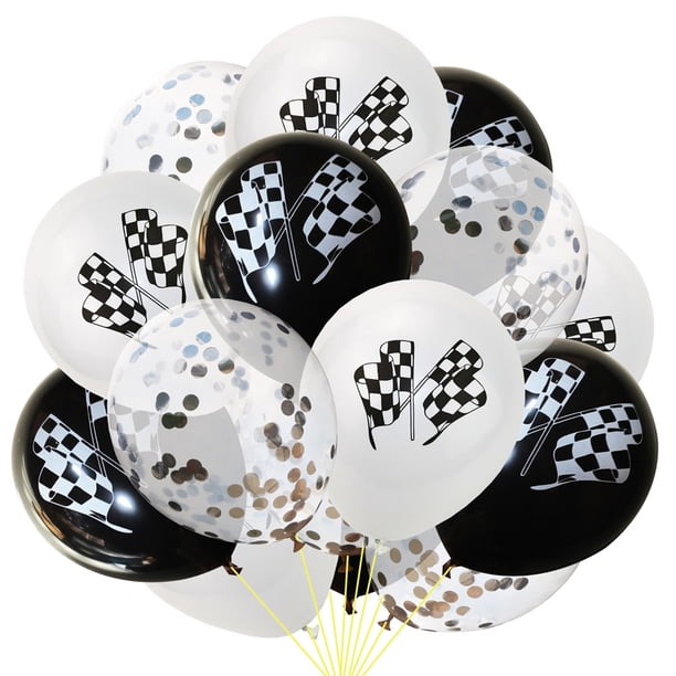 15 globos inflables para fiesta, confeti de lentejuelas y banderas de carreras en blanco y negro (5 blancos, 5 negros y 5 plateados)