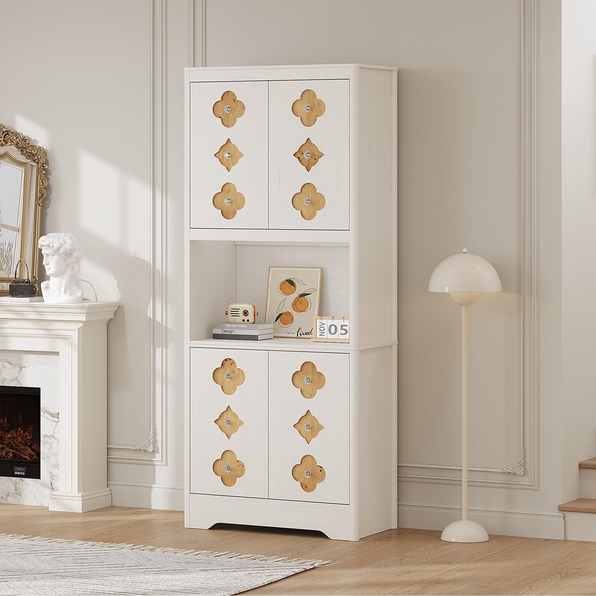 Kitchen Pantry Cabinet, 72" Tall Storage Cabinet with Countertop, Freestanding Wooden Hutch Cupboard with Carved Door & Crystal Handle, for Dining Room, Living Room