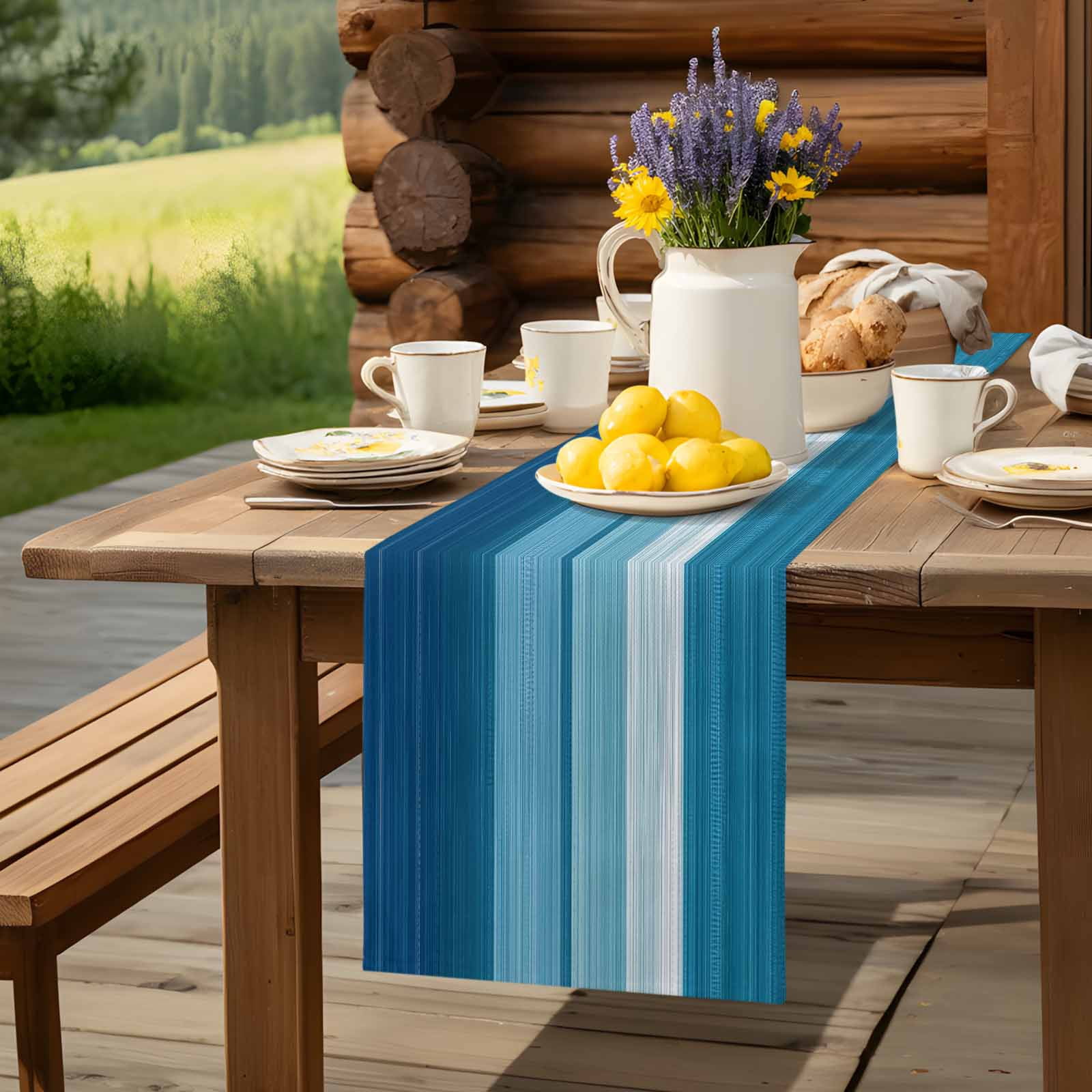 Blue White Gradient Ocean Wave Table Runner 90 Inches Long, Abstract Geometric Line Table Runners Tabletop Scarf Kitchen Dining Tables Decoration for Home Party Indoor Outdoor