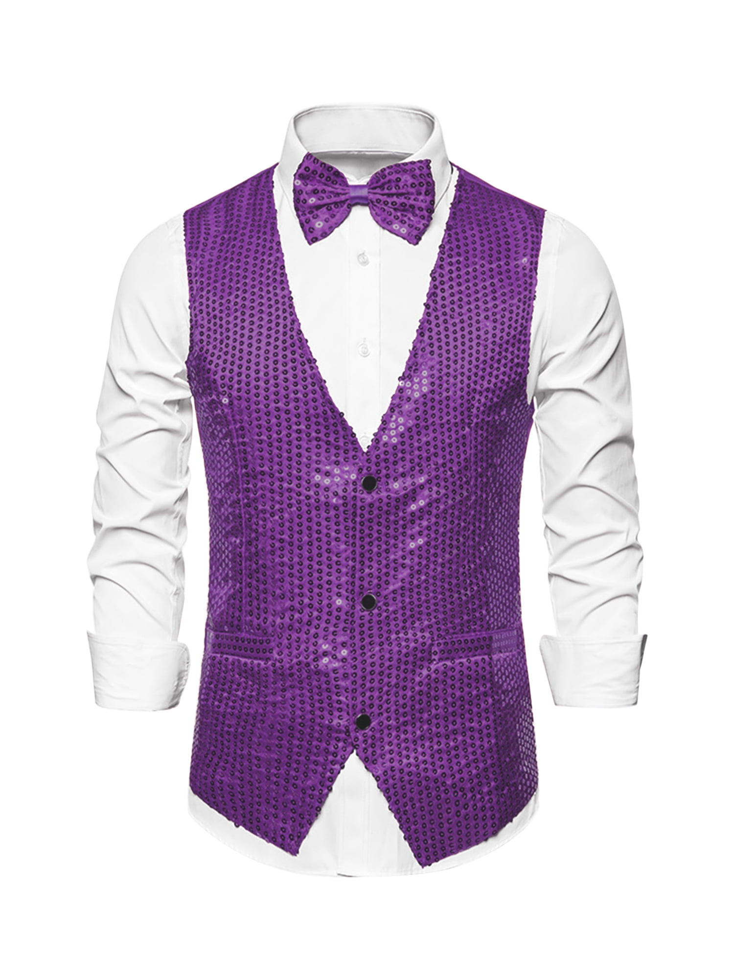 Unique Bargains Men's Sequin Waistcoat Sleeveless Dress Suit Vest with Bow Tie L Purple