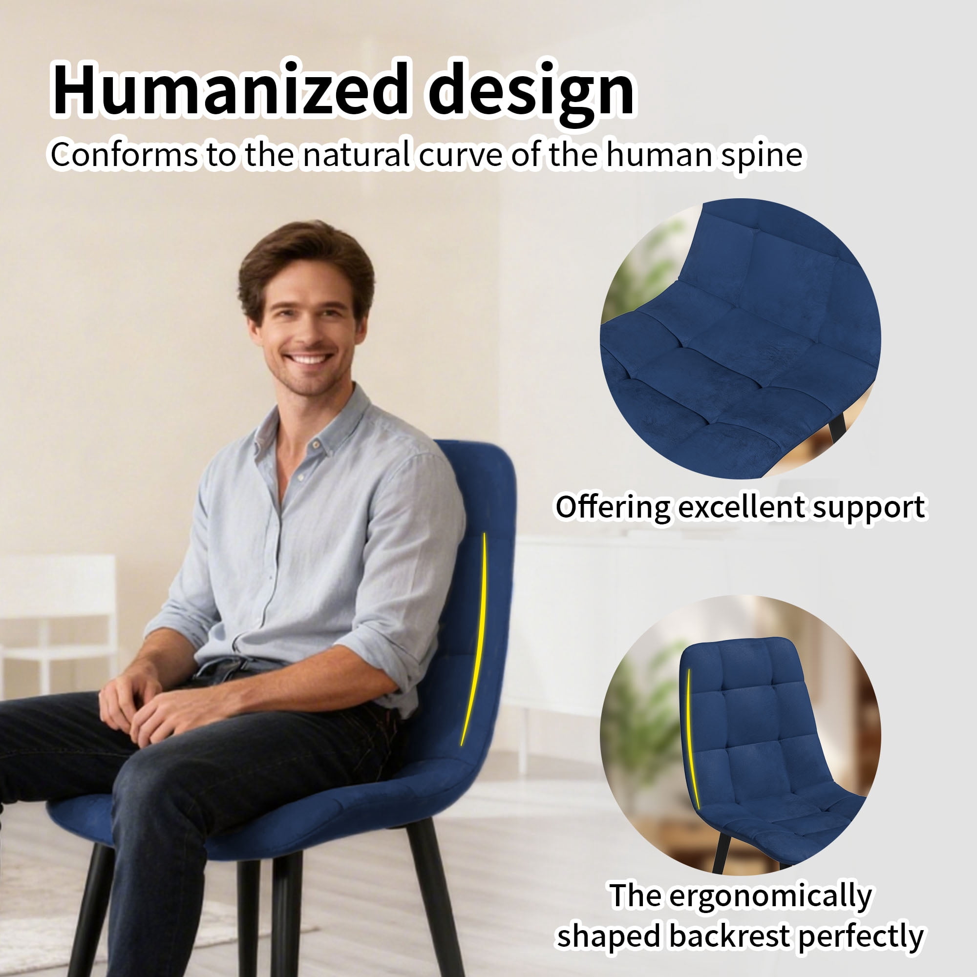 SHGJ&SOFT Velvet Dining Chairs Set of 4, Mid Century Modern Upholstered Fabric Chairs with Metal Legs Adjustable Pads for Kitchen Living Room Dining Room. (BLUE, 4PC)