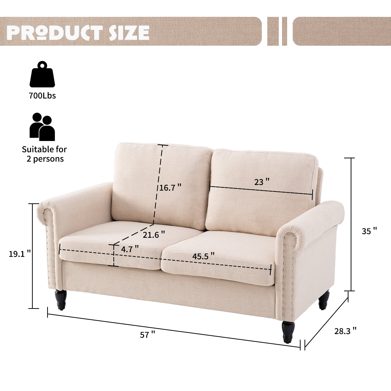 57 Loveseat Sofa,2 Seat Couch with Linen Fabric,Small Couches for Small Spaces with Solid Wood Legs,Comfy Love Seat Sofa for Living Room,Bedroom,Apartment