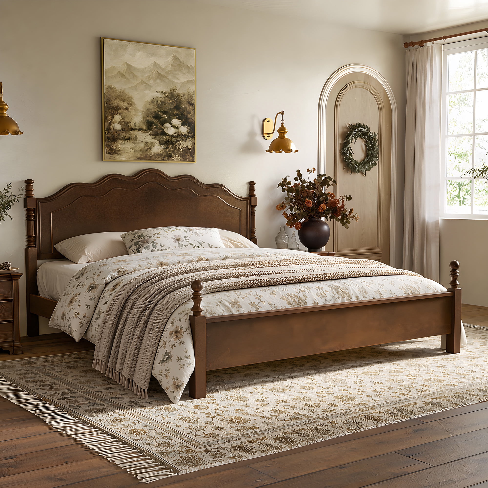 Euroco Wood King Size Platform Bed, Classic American Vintage Style Wood Bed with Curved Headboard, No Box Spring Needed, Espresso