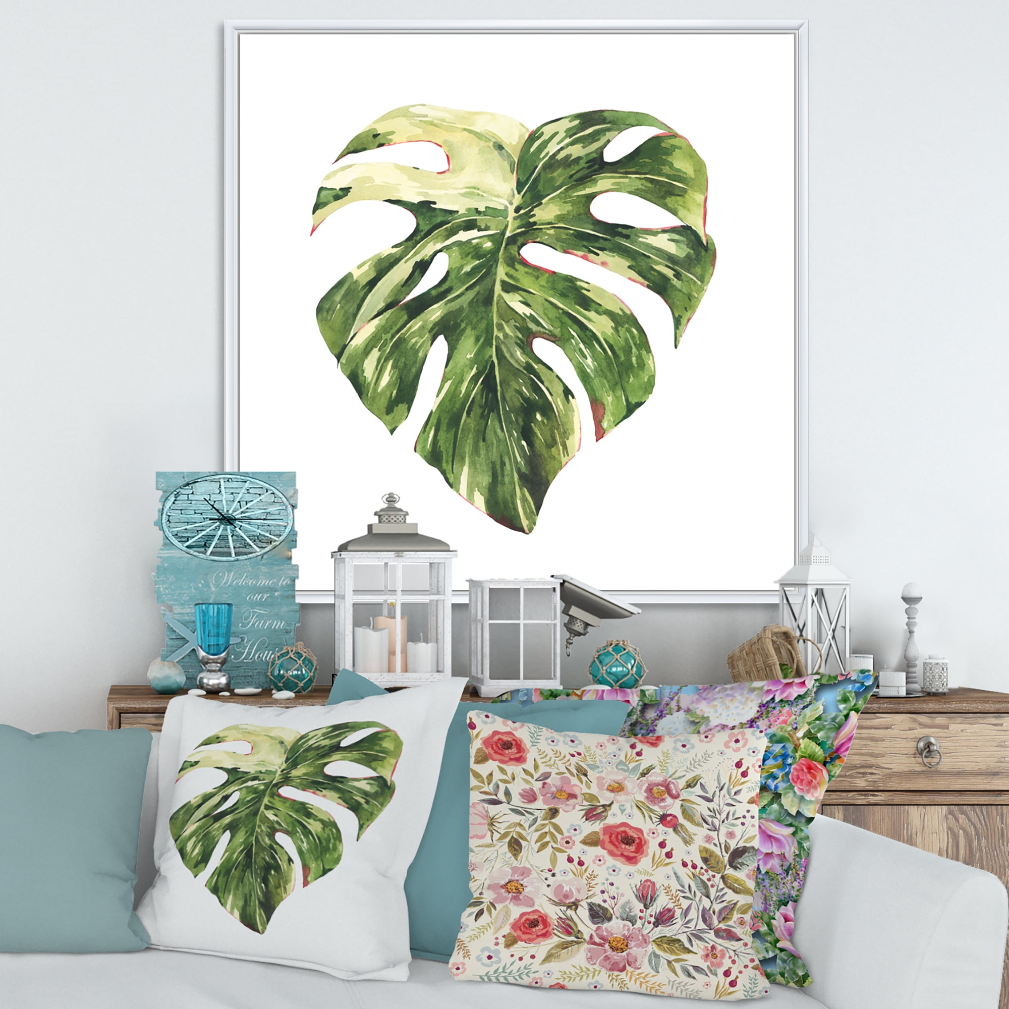 Designart 'Tropical Green Leaves On White In Summer Times III' Tropical Framed Canvas Wall Art Print