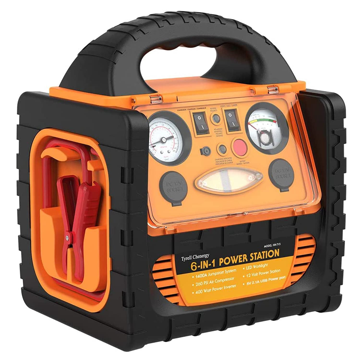 Portable Car Jump Starter 1400 Amp High Performance Power Station with Double AC 110 Volt Inverter Outlets 400W, 260 PSI Air Compressor, Double DC Sockets 12V/11A, 5V/2.1A USB Ports