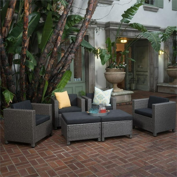 Noble House Puerta Outdoor 6 Pc Wicker Club Chair & Ottoman Set Gray