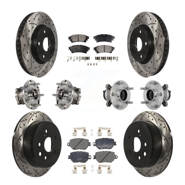Transit Auto Front Rear Hub Bearings Assembly Coated Disc Brake Rotors and Semi-Metallic Pads Kit (10Pc) for Car 2014 Lexus IS250 Base with RWD Without F Sport Package - Left Right Side KBB-132751