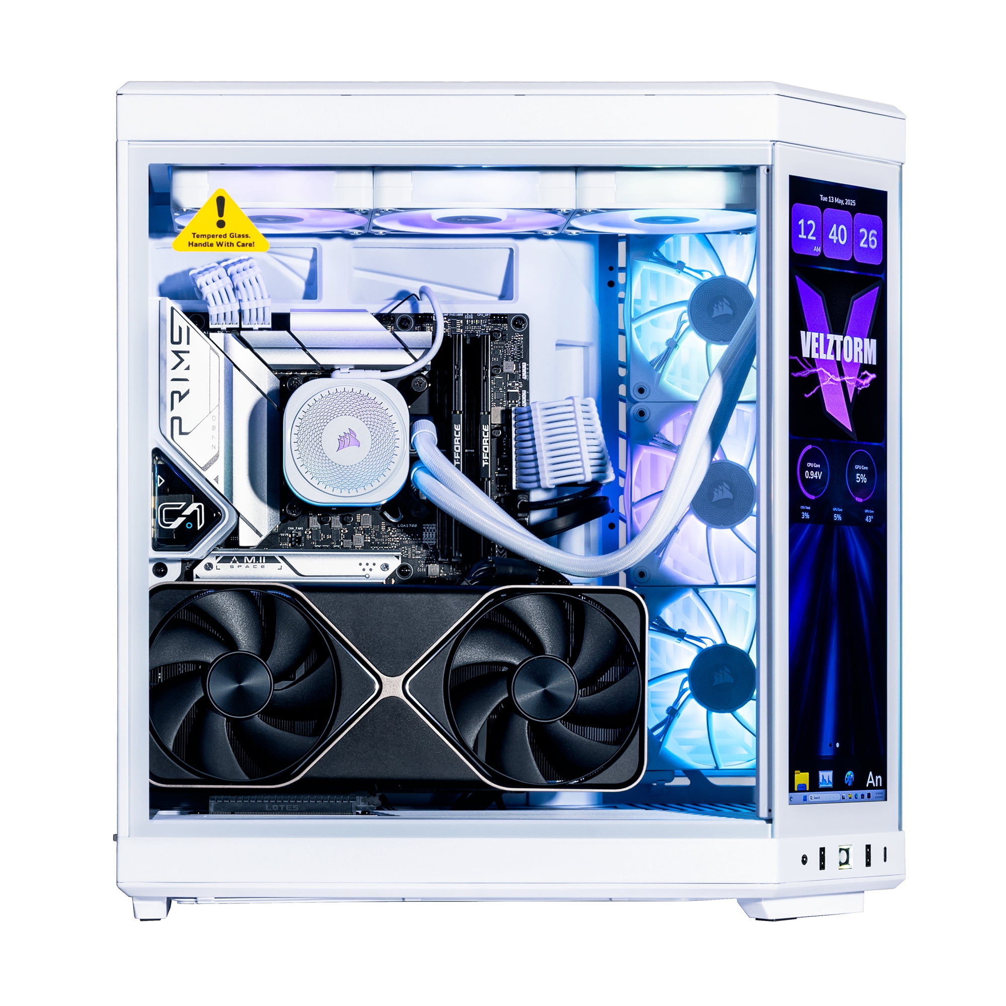 Velztorm LCD Praetix Custom Built Y70 Touch Gaming Desktop PC (Intel i9-14900K, RTX 5080, 32GB DDR5, 2TB PCIe SSD, RGB Fans, 360mm AIO, 1000W PSU, WiFi 6, Bluetooth 5.2, RJ-45, Win 11 Home)