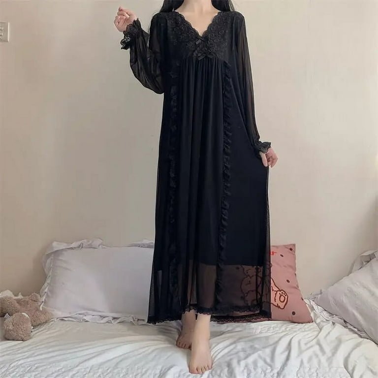 ladies one piece night dress Municipal Lace Women Nightgown Ruffles Sleepwear Woman Long Sleeves Nightwear Autumn Night Dress New in One Piece Bow Home Pajamas
