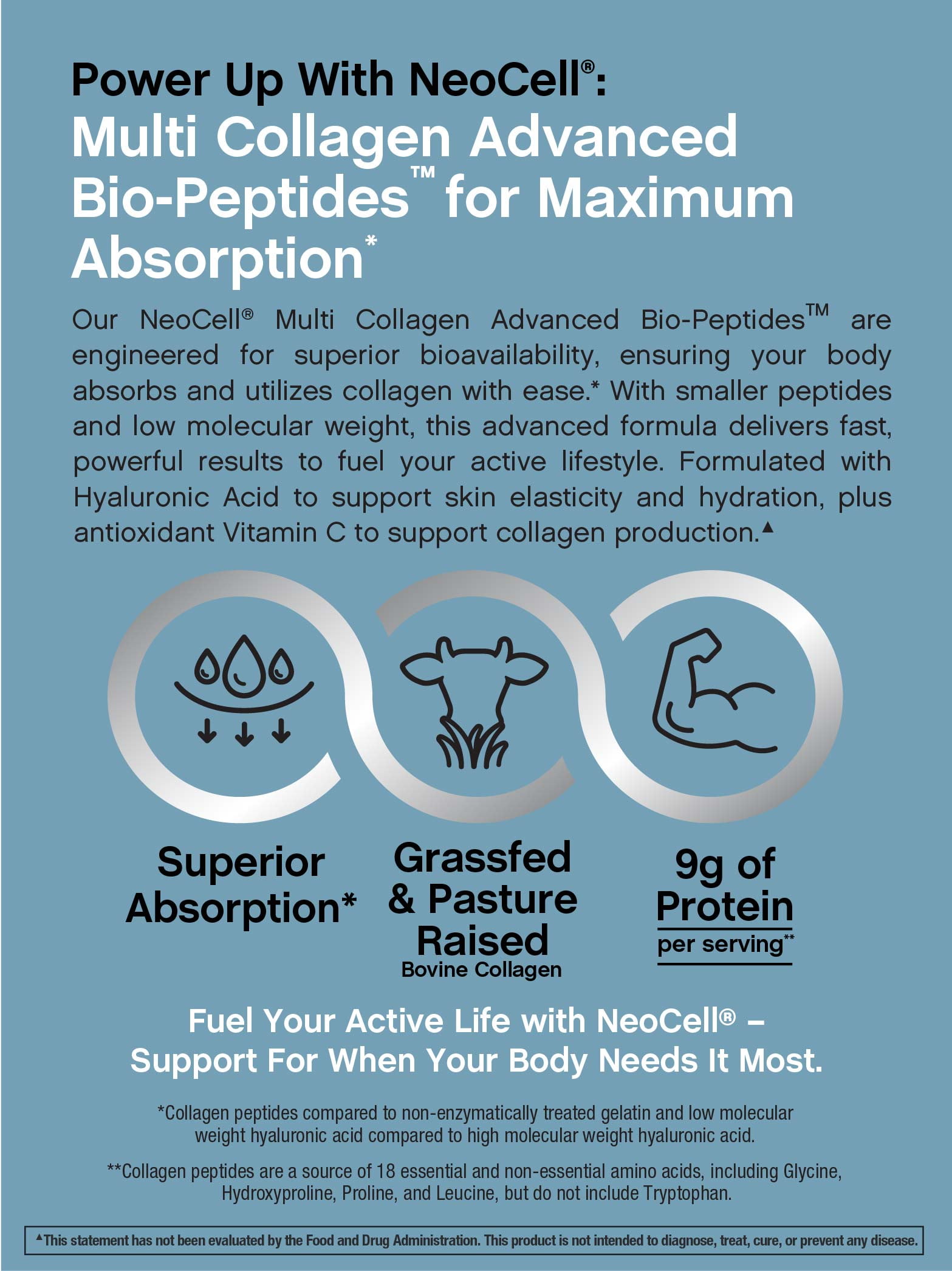 Multi Collagen Bio-Peptides Powder | 22oz with Hyaluronic Acid and Vitamin C | Grass fed Protein Supplement | by NeoCell