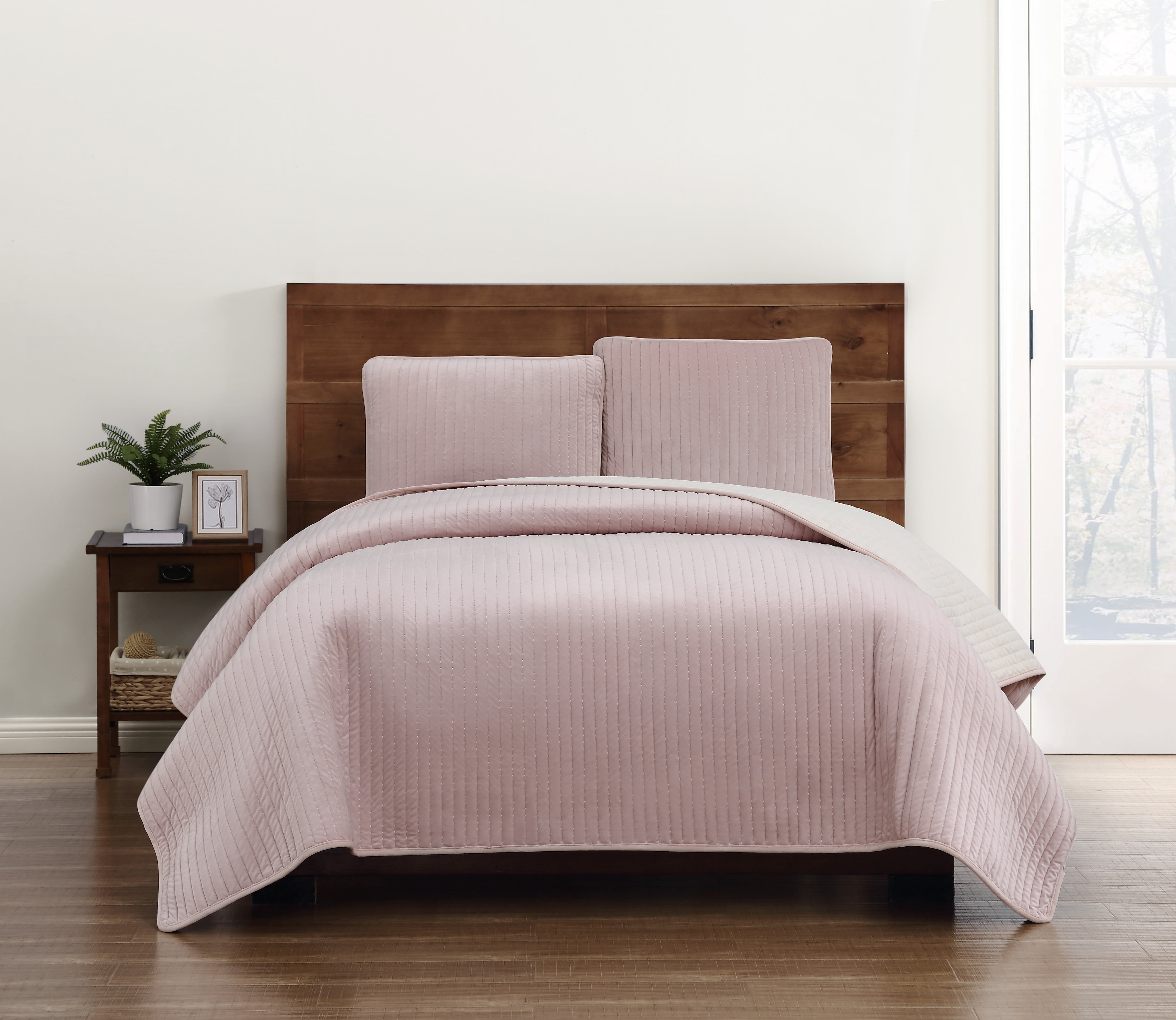Truly Soft Everyday Velvet Pick Stitch Quilt Sets Blush Twin/Twin XL