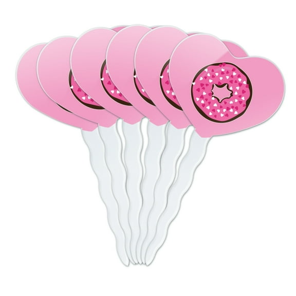 Cute Chocolate Valentine Donut Pink Hearts Heart Love Cupcake Picks Toppers Decoration Set of 6