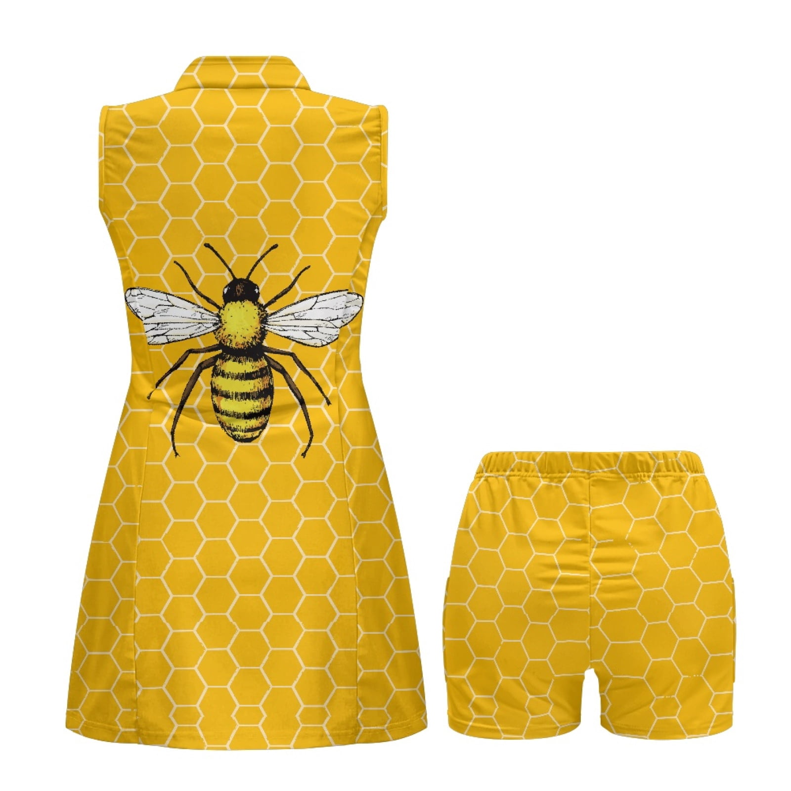 COEQINE Bee and Beehive Yellow Print Women's Golf Dress Sleeveless V-Neck Breathable Athletic Dresses with Built in Shorts and Pockets Lightweight 2 Piece Set Workout Outfits, S