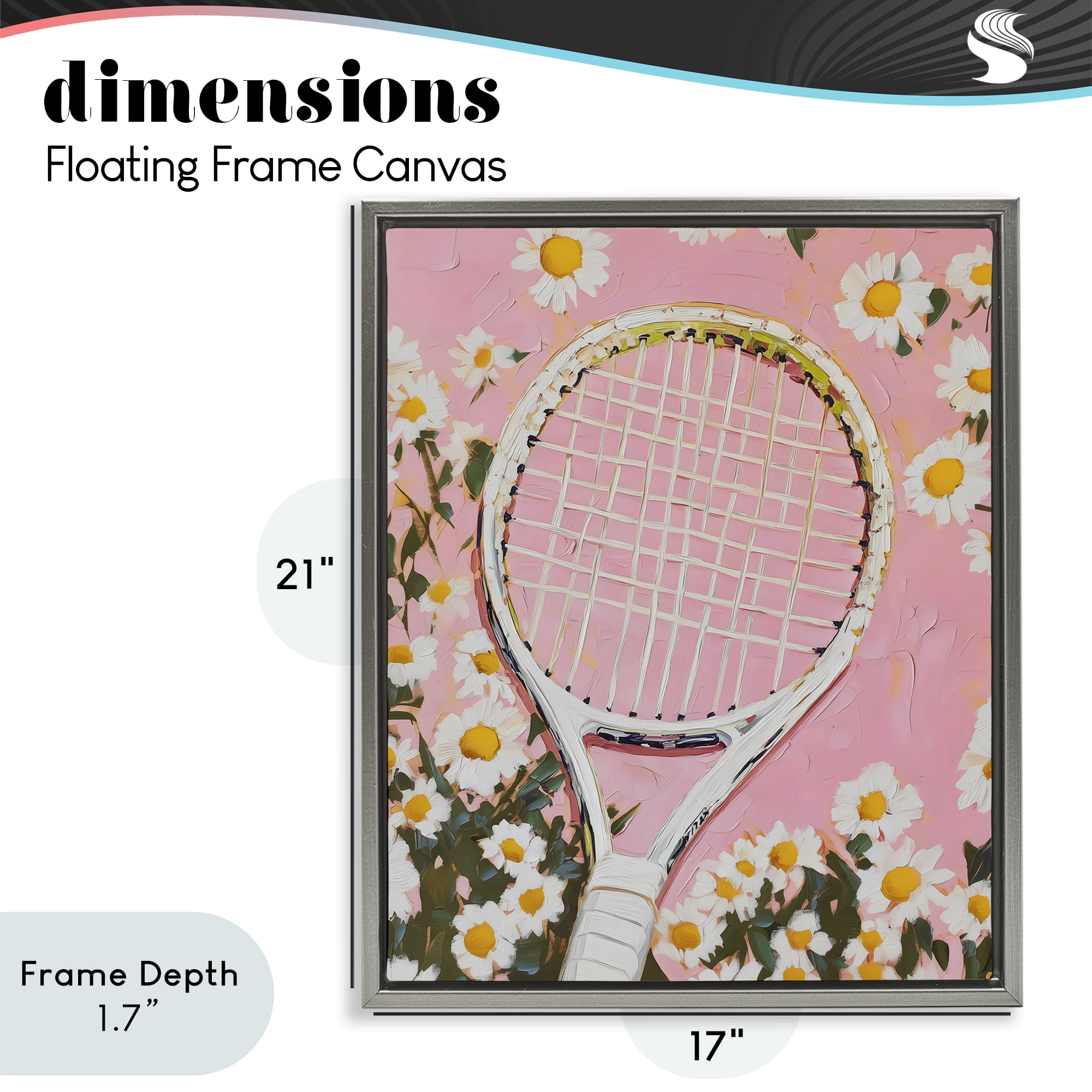 Stupell Industries Pink Tennis Racket & Daisies Gray Framed Floater Canvas Wall Art, design by LSR Design Studio