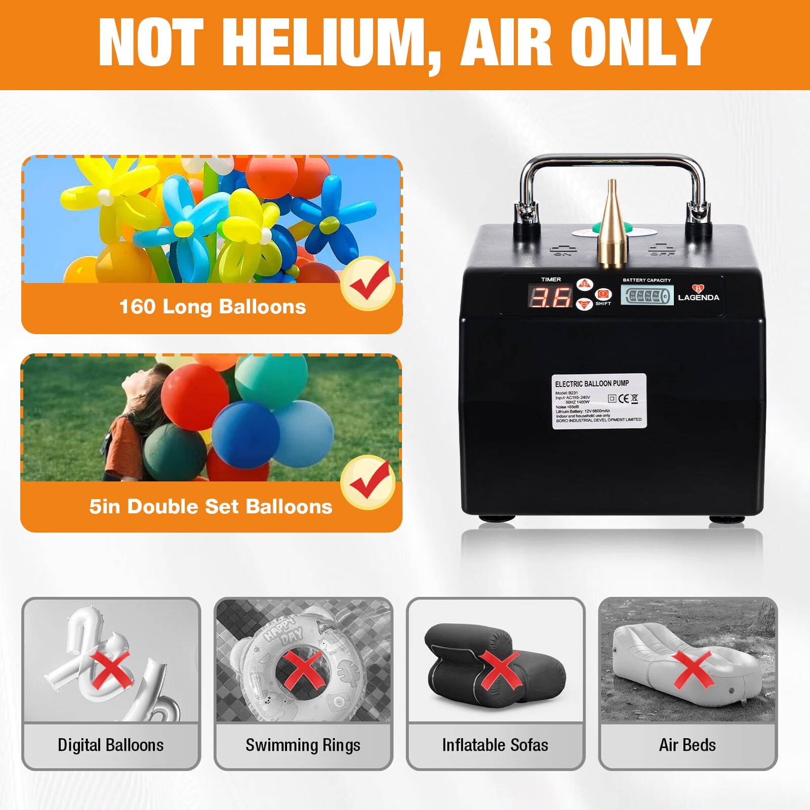 Aiqidi Electric Air Balloon Pump B231 Lagenda Portable Balloon Inflator Air  Blower Inflatable Pump with Timer for Party Christmas Decoration 1400W