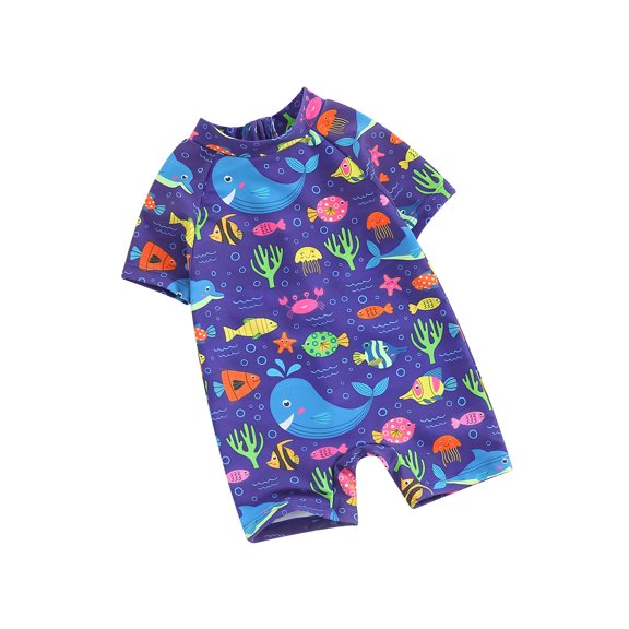 Suealasg Kids Boys One Piece Swimsuits Short Sleeve Fish Print Jumpsuit Swimwear Toddler Baby Boys Summer Romper Bathing Suit Beachwear 0-3 Years