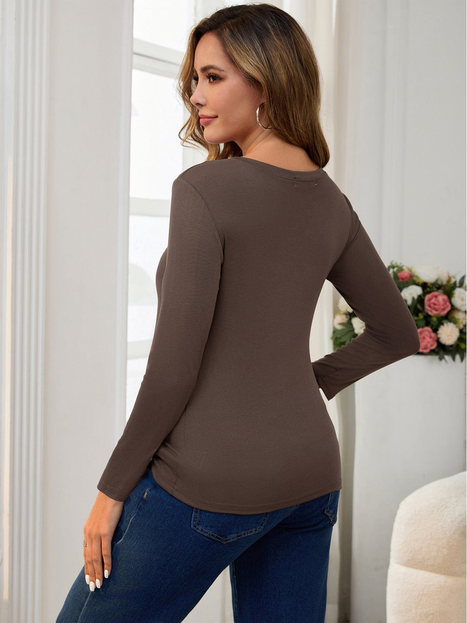 DARING DIVA Women's Ruched Long Sleeve Maternity Blouses XL Coffee