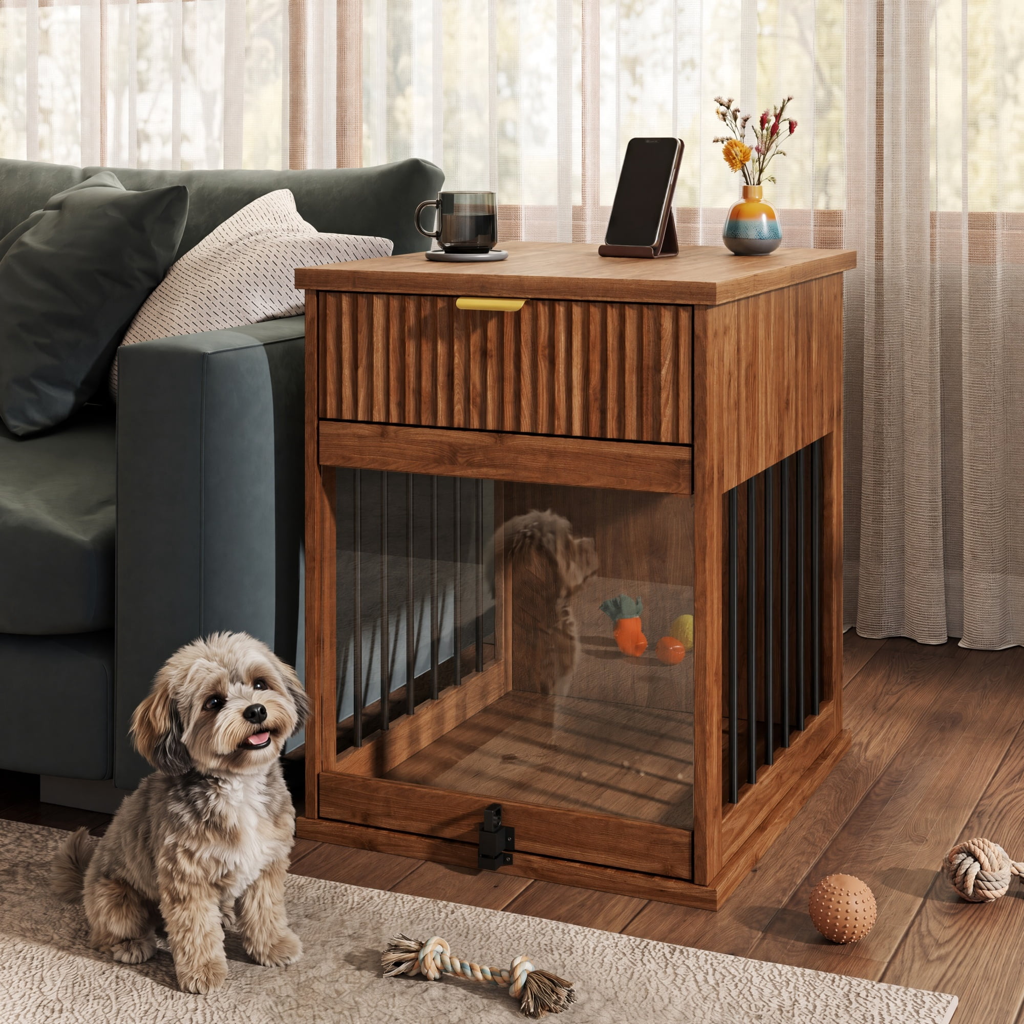 Leumius End Table with Charging Station, Dog Crate with Hideaway Tempered Glass Door, Multi-Functional Pet Station Side Table with Storage Drawer for Small Medium Dog Brown