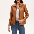 thumbnail image 3 of WTOBBY Women's Faux Leather Moto Jacket Short Coat Biker Style Casual Outerwear Solid Color Zippered Front with Stand Collar Edgy Street Look for Night Out,Camel M, 3 of 6
