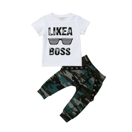 

Carolilly Baby Boy Short Sleeve Letters Glasses T-shirt + Camouflage Long Pants
