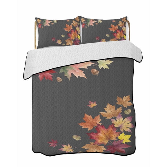 Twin Quilt Bedding Set, Fall Maple Reversible Summer Quilt 3 Pieces, Watercolor Autumn Orange Red Leaves Dark Grey Lightweight Bedspreads Coverlets with 2 Pillow Shams for All Seasons