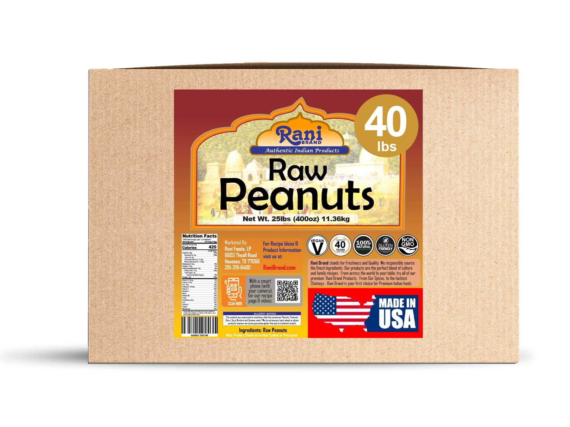 Rani Peanuts, Raw Whole With Skin (uncooked, unsalted) 40lbs (640oz) 18.14kg Bulk Box ~ All Natural | Vegan | Gluten Friendly  ~ Spanish Grade Groundnut / Red-skin