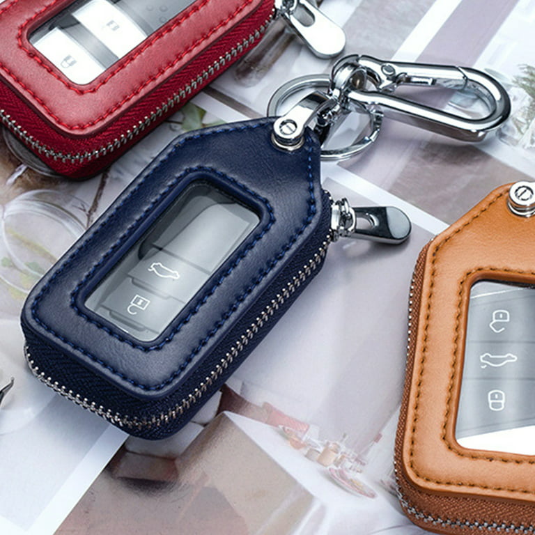 YEUHTLL Car Key Case PU Leather Fob Pouch Bag Zipper/ Snap Button Keyring  Car Remote Key Fob Bag Case Clear Window 
