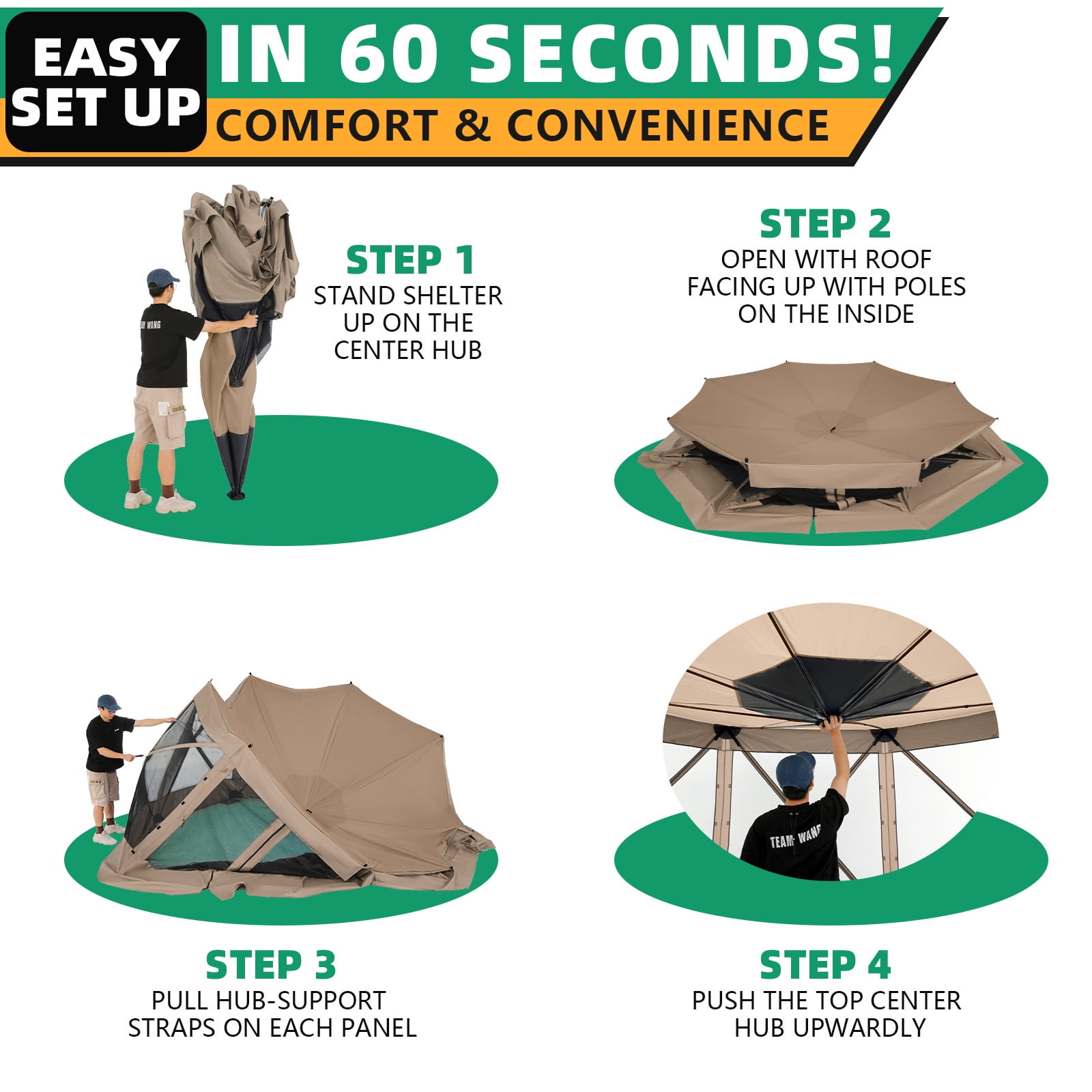 SANOPY 15'x15' Pop up Gazebo 8-Sided Outdoor Screen Gazebo with Netting & Sidewalls Camping Gazebo Instant Shelter Glamping Tent w/ Carrying Bag for Backyard Garden, Khaki