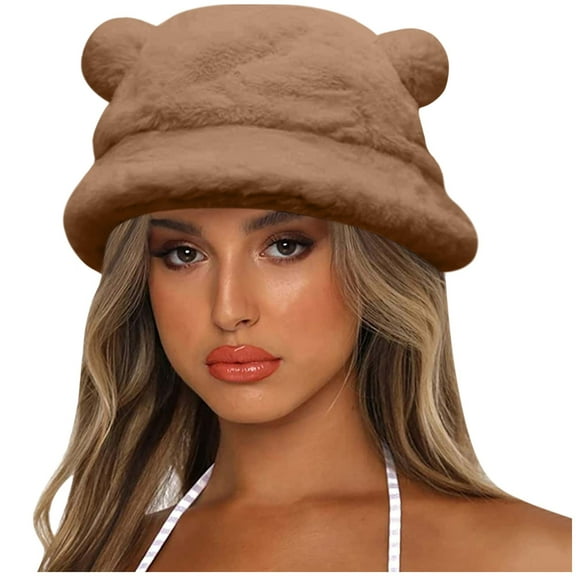 beishanbush Clothing 2025 Bucket Hats Cute Bear Ear Basin Hat Winter Thick Warm Hat Bucket Cap for Women Men Brown