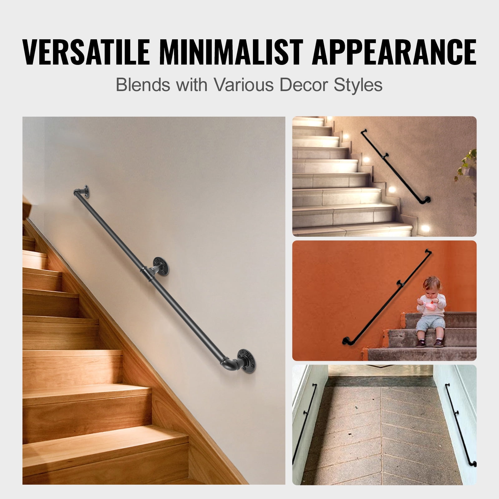 KFFKFF 5FT Pipe Stair Handrail, Carbon Steel Staircase Rail with 440LBS Load Capacity, Industrial Design Wall-Mounted Support, Rounded Corner Handrail for Indoor and Outdoor Use