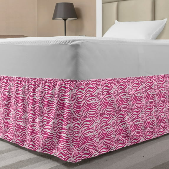 Zebra Print Bed Skirt, Striped Zebra Animal Skin Pattern in Vivid Color Fun Artwork Print, Elastic Bedskirt Dust Ruffle Wrap Around for Bedding Decor, 4 Sizes, Pink Black, by Ambesonne