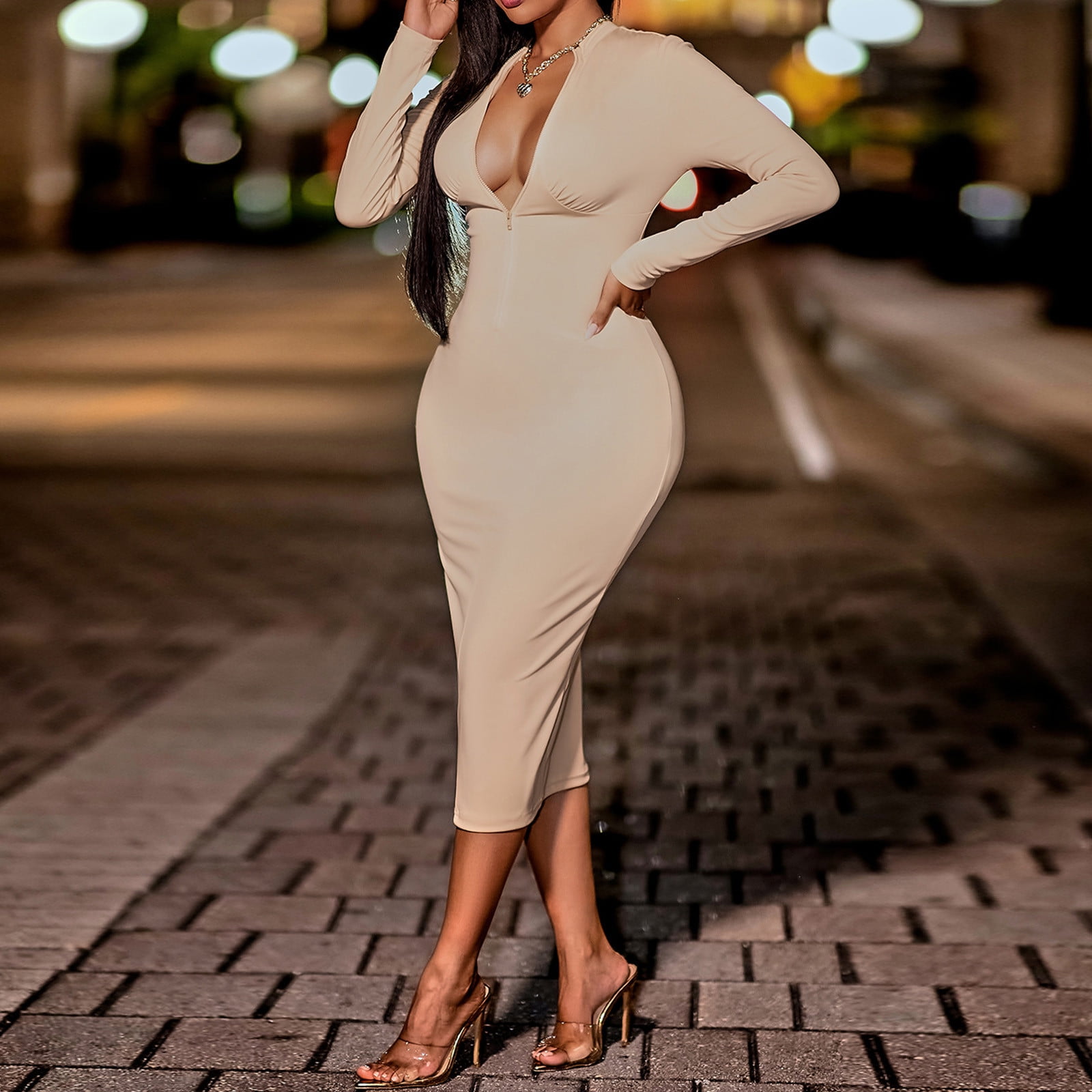 Ladies Casual Ladies Casual Zipper Long Sleeve Slim Fit Dress Women Junior  Dresses Sleeveless Knee Length Dress V Neck Dresses Long Sleeve Dresses  Womens Strapless Dresses Summer Midi Dress Girls Knee -