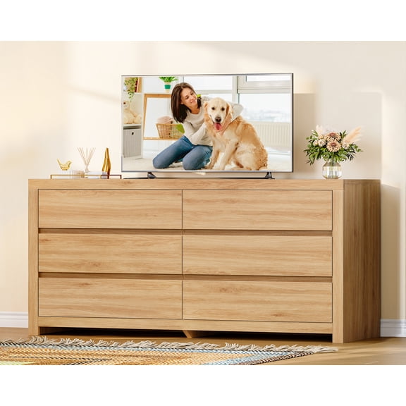 TEENFON 55" Dresser with 6 Drawers, Modern Dressers & Chests of Drawers with Metal Handles, Wooden Dresser , Bedroom Dressers, for Bedroom, Hallway, Natural