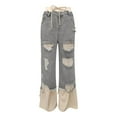 thumbnail image 3 of CHUMUD Women's Denim Trousers with Stitching and Ripped Design 2025 Fashion Drawstring Elastic Waist Wide Leg Patchwork Jeans, 3 of 3
