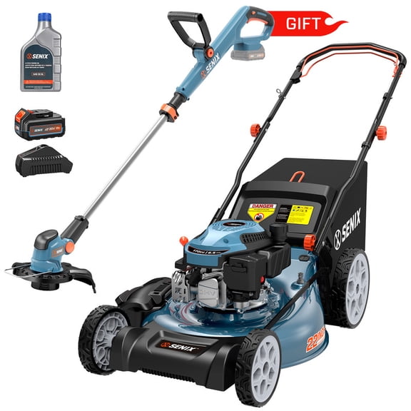 SENIX 22" 170CC Gas Self-Propelled Lawn Mower,Gift Includes 20V Battery Weed Eater Grass Trimmer,2.5Ah Battery