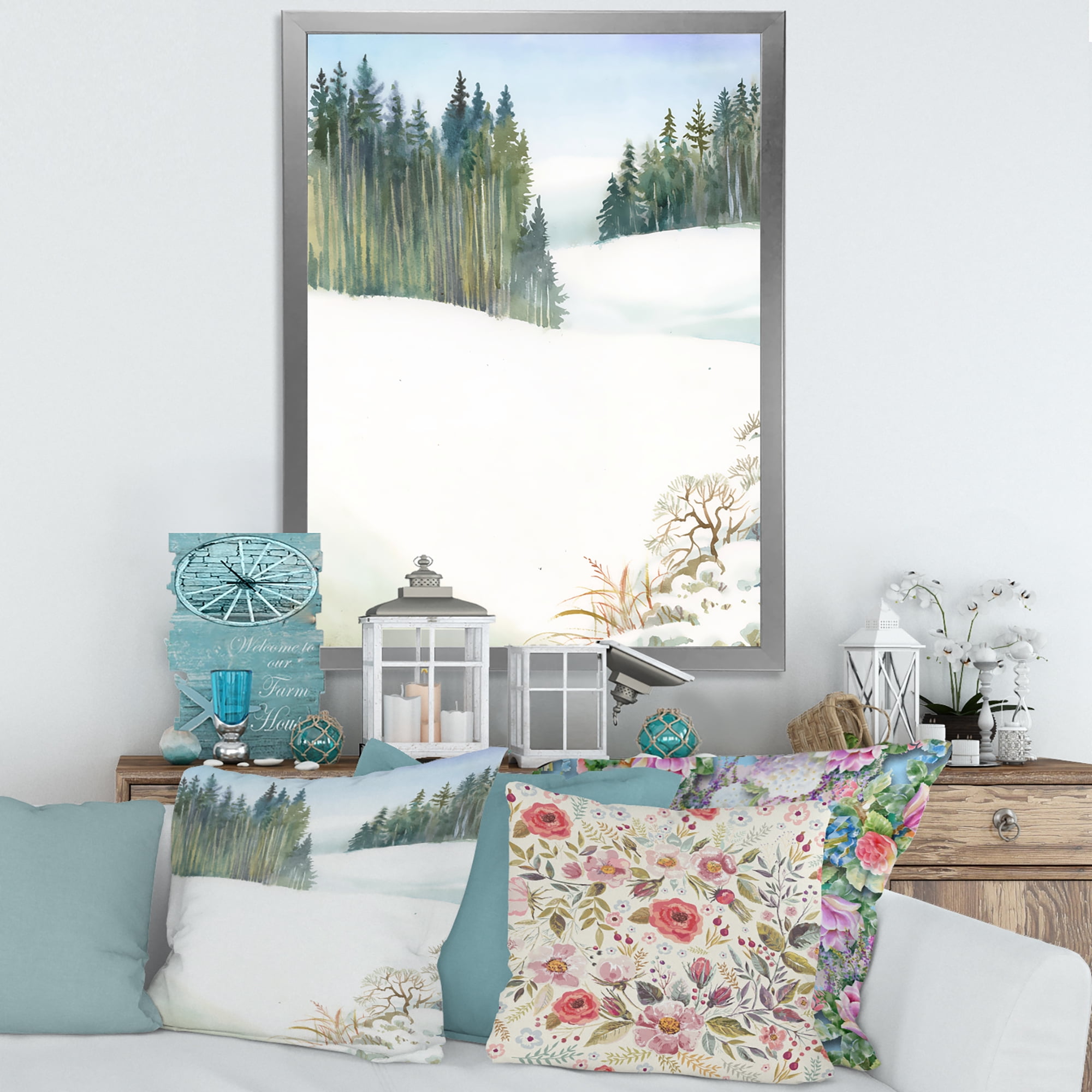 Designart 'Pine Forest In Snowy Winter Mountains' Traditional Framed Art Print